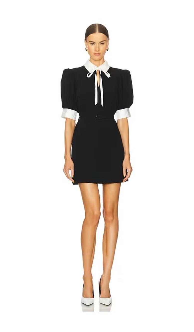 Cinq a Sept Sabelle Dress Tie Neck Mini Black White Crepe Puff Sleeve Size 6